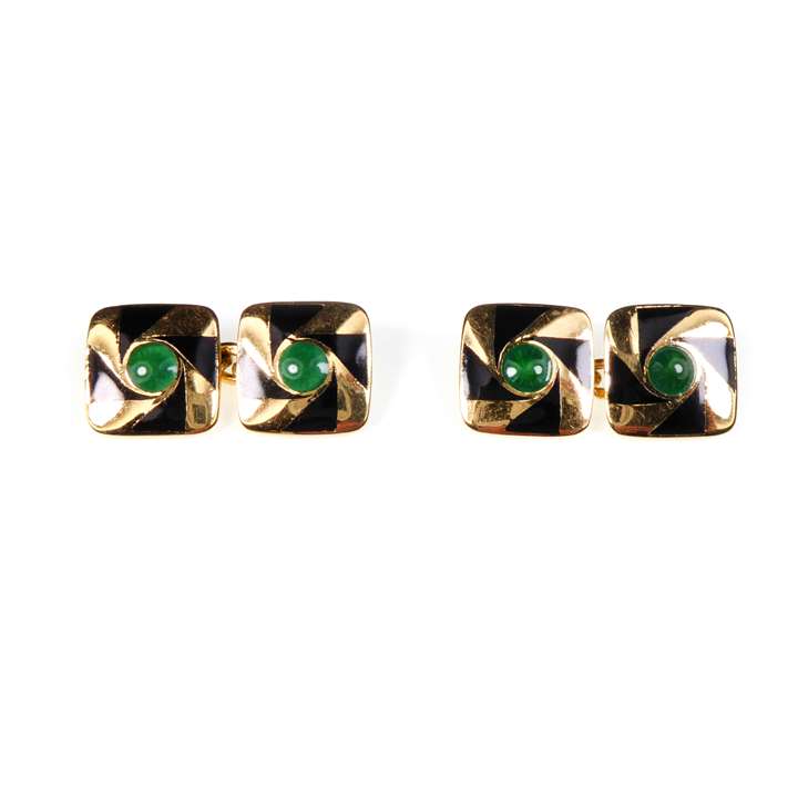Pair of Art Deco gold and enamel cushion panel cufflinks, in green and black